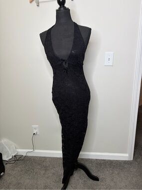Black Lace sequin Halter open back low v neck slit Evening Dress club wear